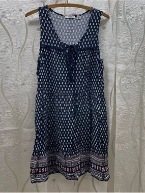 Dex Dress Womens Small Navy Blue Excellent Boho Lace Up Tassel Pom Pom Hem